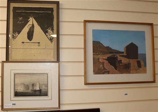 Betty Dow, watercolour, West of Portaclais, 13 x 17in., a monochrome watercolour of fishing boats off the coast,